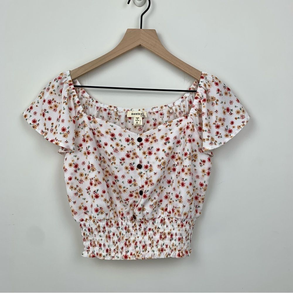 Monteau Cream Pink & Yellow Floral Crop Blouse, S